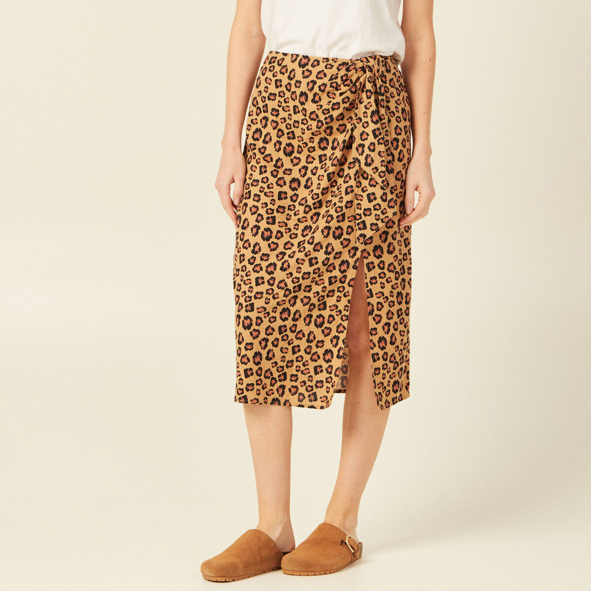 Jupe midi portefeuille fendue sable femme