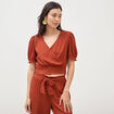 Blouse cropped manches courtes marron cognac femme