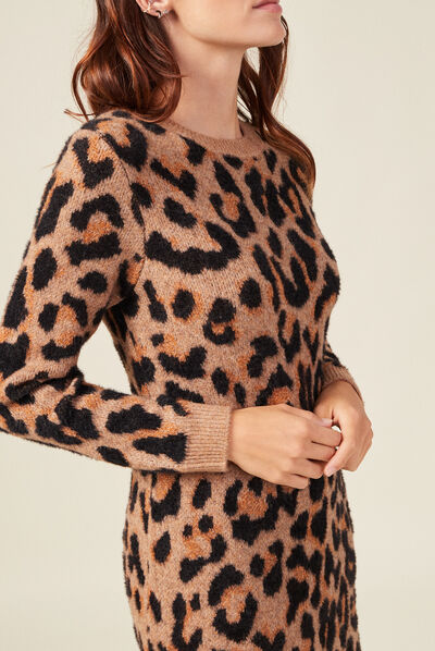 Robe pull droite col rond marron clair femme