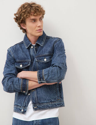 Veste droite en coton col classique denim stone homme