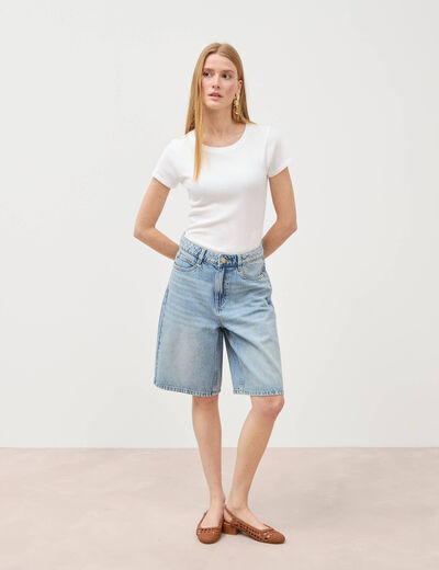 Bermuda large taille haute en coton denim used femme