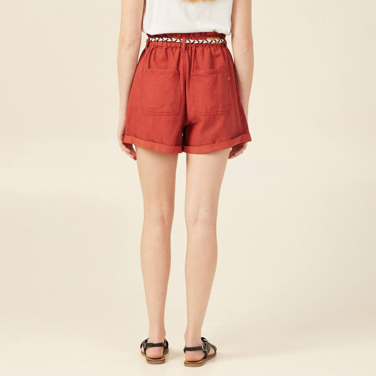 Short paperbag ceinturé rouge foncé femme