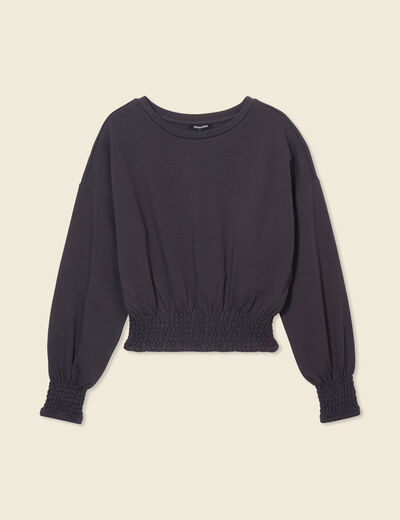 Sweat manches longues smocké gris foncé femme