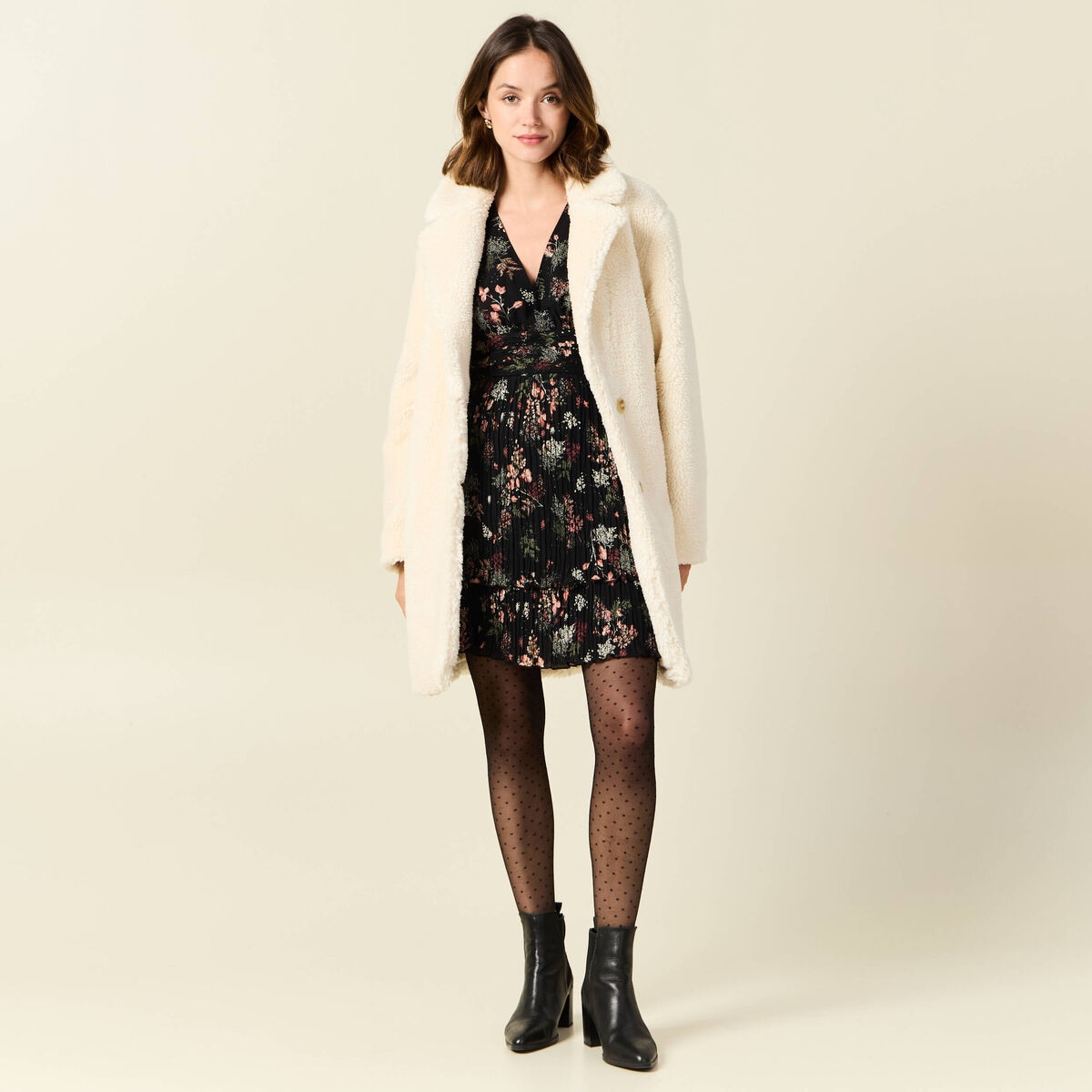 Manteau long laine mouton creme femme
