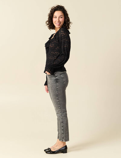 Blouse droite courte manches longues noir femme