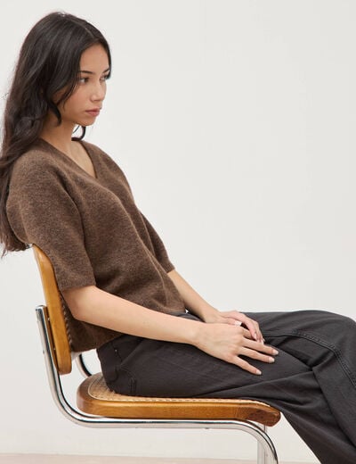 Pull droit col rond manches courtes marron femme