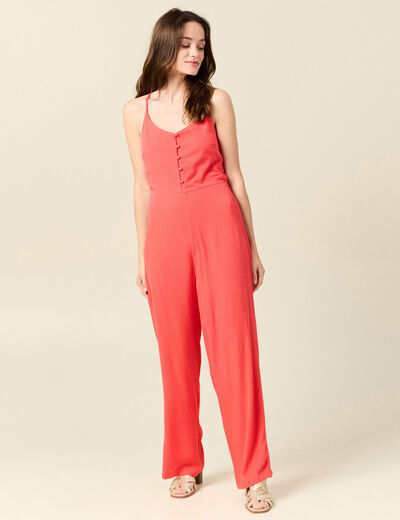 Combinaison pantalon bretelles rouge corail femme