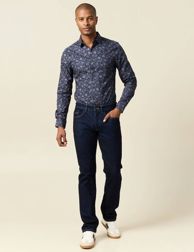 Chemise cintr&eacute;e en coton manches longues bleu marine homme