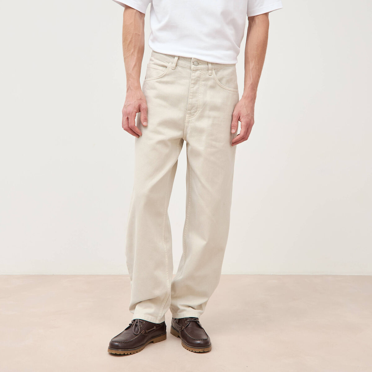 Jeans large longueur 32 en coton denim beige homme
