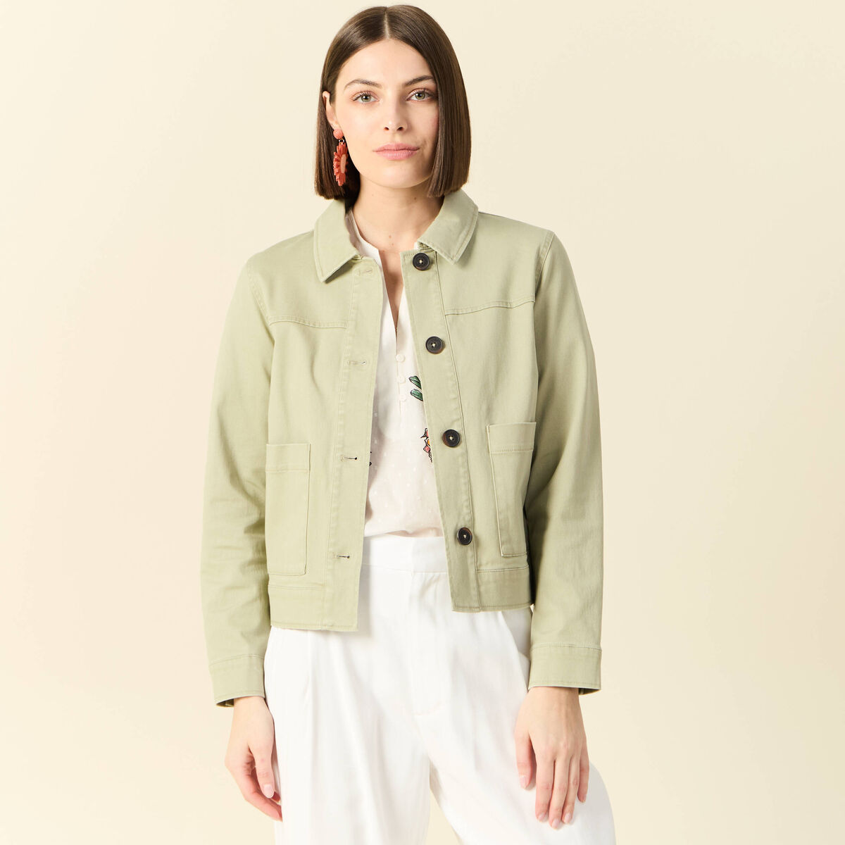 Blouson boutonné vert kaki femme