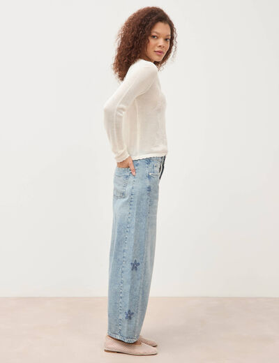 Pull ajour&eacute; col rond manches longues ecru femme