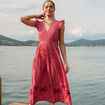 Robe col v manches volantes en coton rouge femme