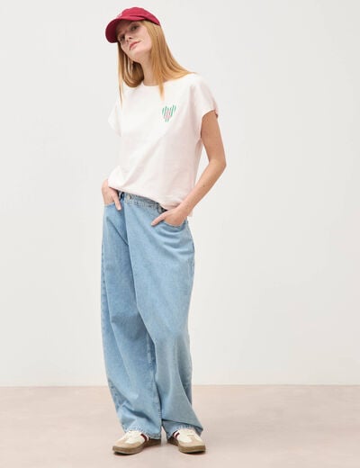 T-shirt droit col rond manches courtes rose poudr&eacute;e femme