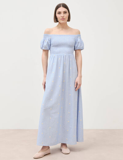 Robe col carr&eacute; manches courtes coton blanc femme
