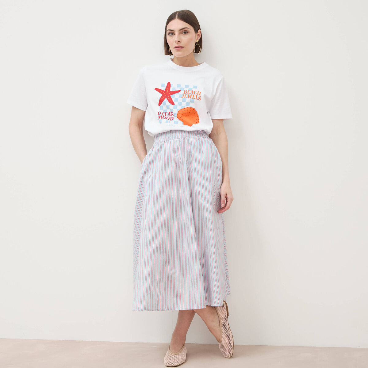 Jupe longue &eacute;vas&eacute;e en coton bleu ciel femme