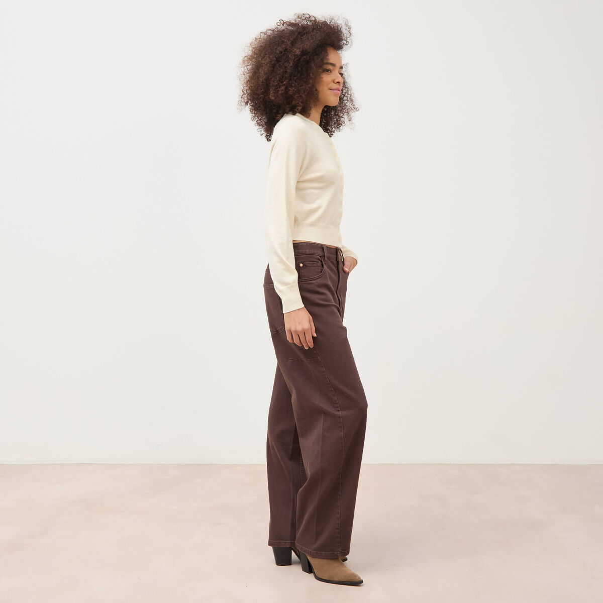 Gilet droit cropped manches longues creme femme
