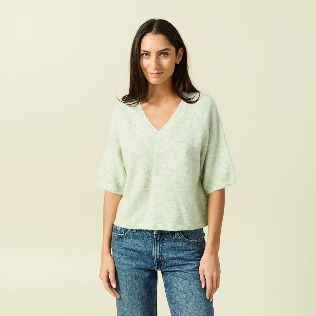 Pull col v manches 3/4 vert femme