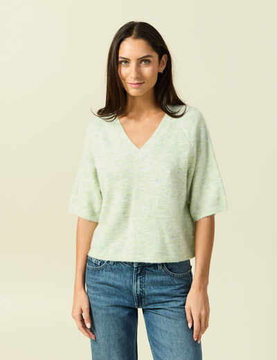 Pull col v manches 3/4 vert femme