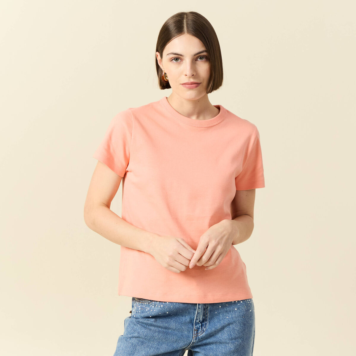 T-shirt cintr&eacute; col rond manches courtes rose corail femme