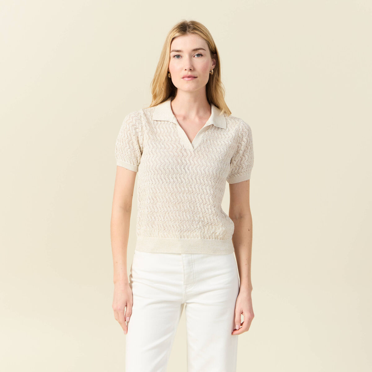 Pull manches courtes creme femme