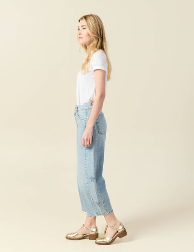 Jeans slouchy brodé 7/8ème denim bleach femme