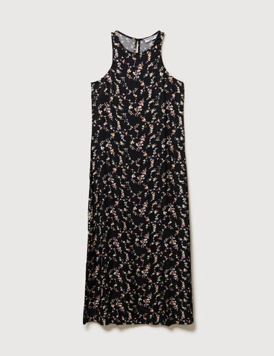 Robe longue droite sans manches col v noir femme