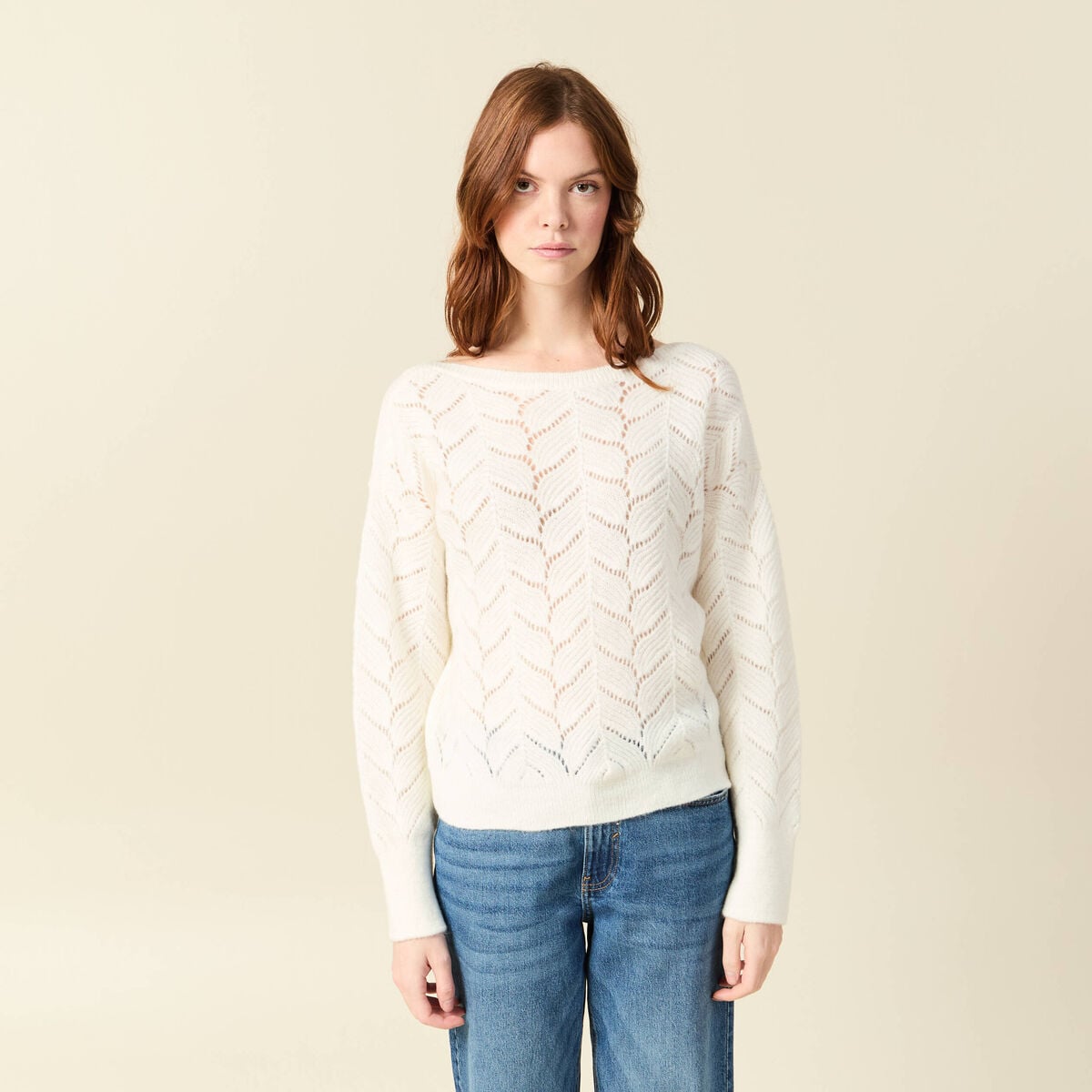 Pull ajour&eacute; col bateau manches longues ecru femme
