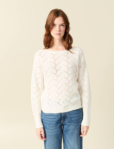 Pull ajour&eacute; col bateau manches longues ecru femme