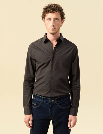 Chemise cintr&eacute;e en coton manches longues gris fonc&eacute; homme