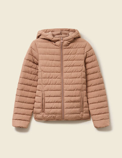 Doudoune ajustée mi-longue à capuche marron clair femme