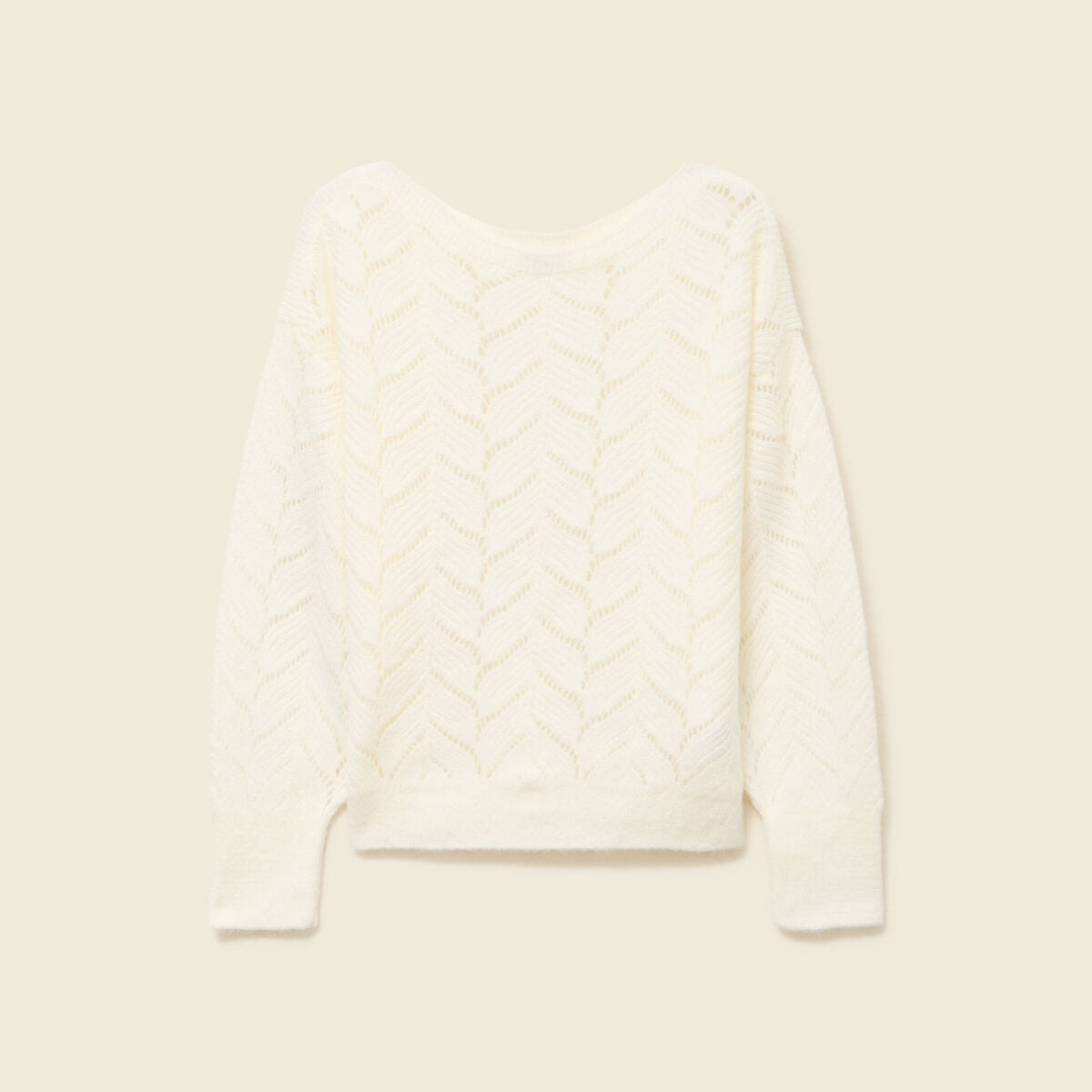 Pull ajour&eacute; col bateau manches longues ecru femme
