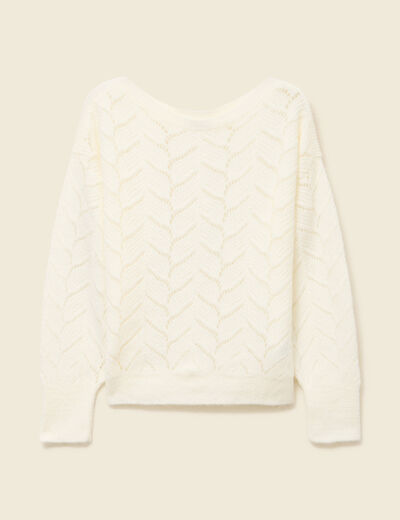 Pull ajour&eacute; col bateau manches longues ecru femme