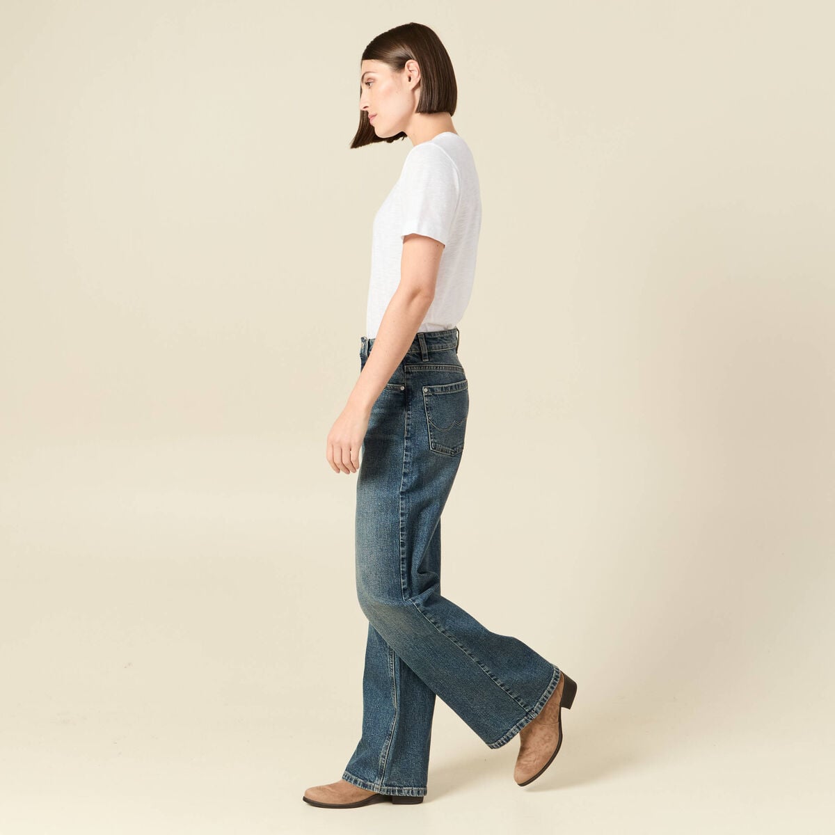 Jeans large taille haute bleu femme