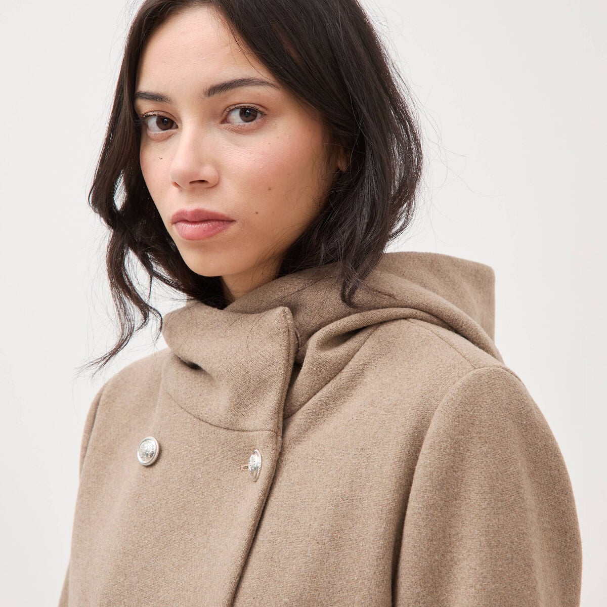 Caban oversize court &agrave; capuche beige femme