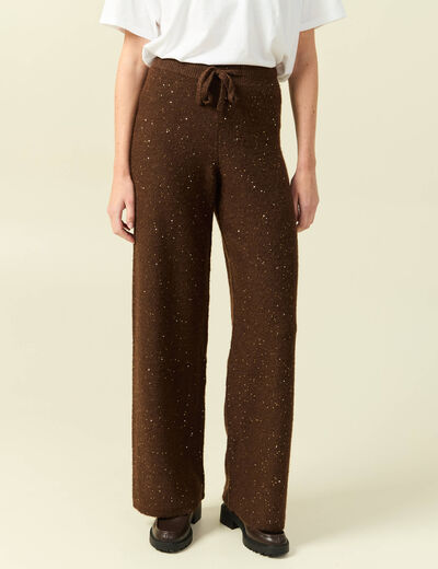 Pantalon large taille haute en maille marron fonc&eacute; femme