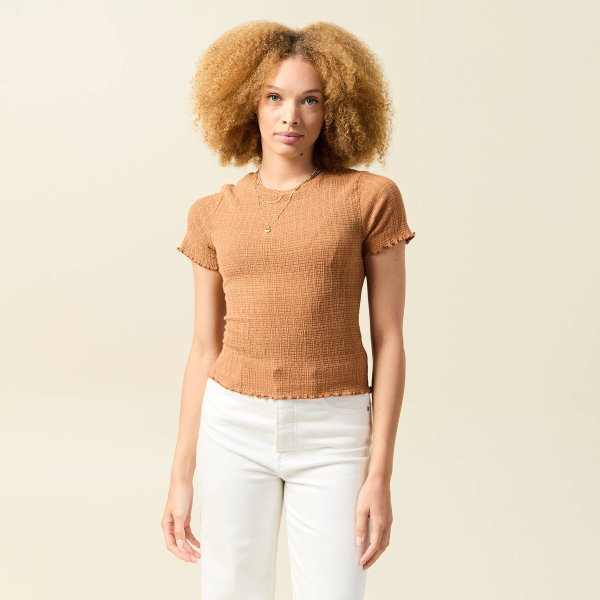 T-shirt ajust&eacute; court manches courtes terracotta femme