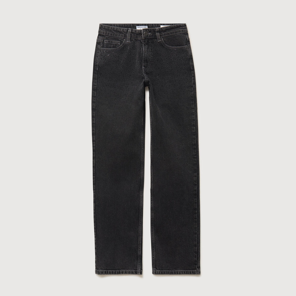 Jeans straight taille haute strass denim gris femme