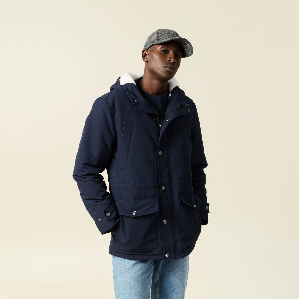Parka &agrave; capuche bleu marine homme
