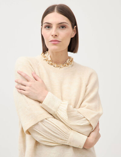 Pull droit court col v manches courtes ivoire femme