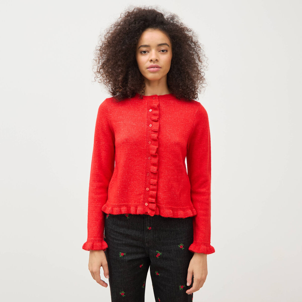 Gilet droit manches longues col rond rouge femme