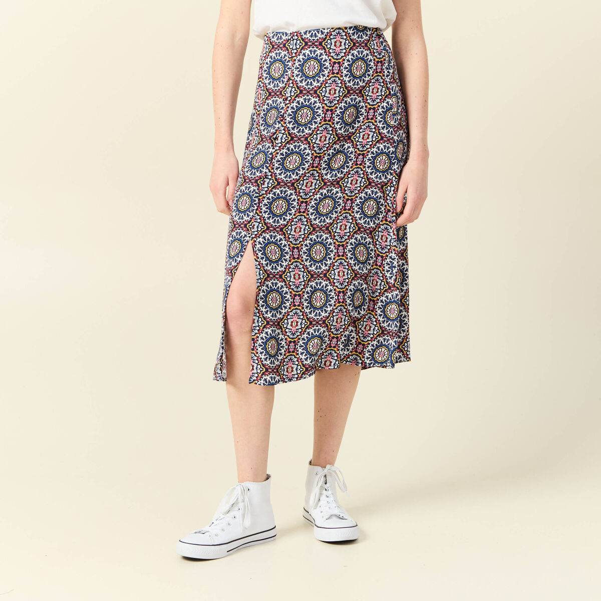 Jupe midi droite fendue bleu marine femme