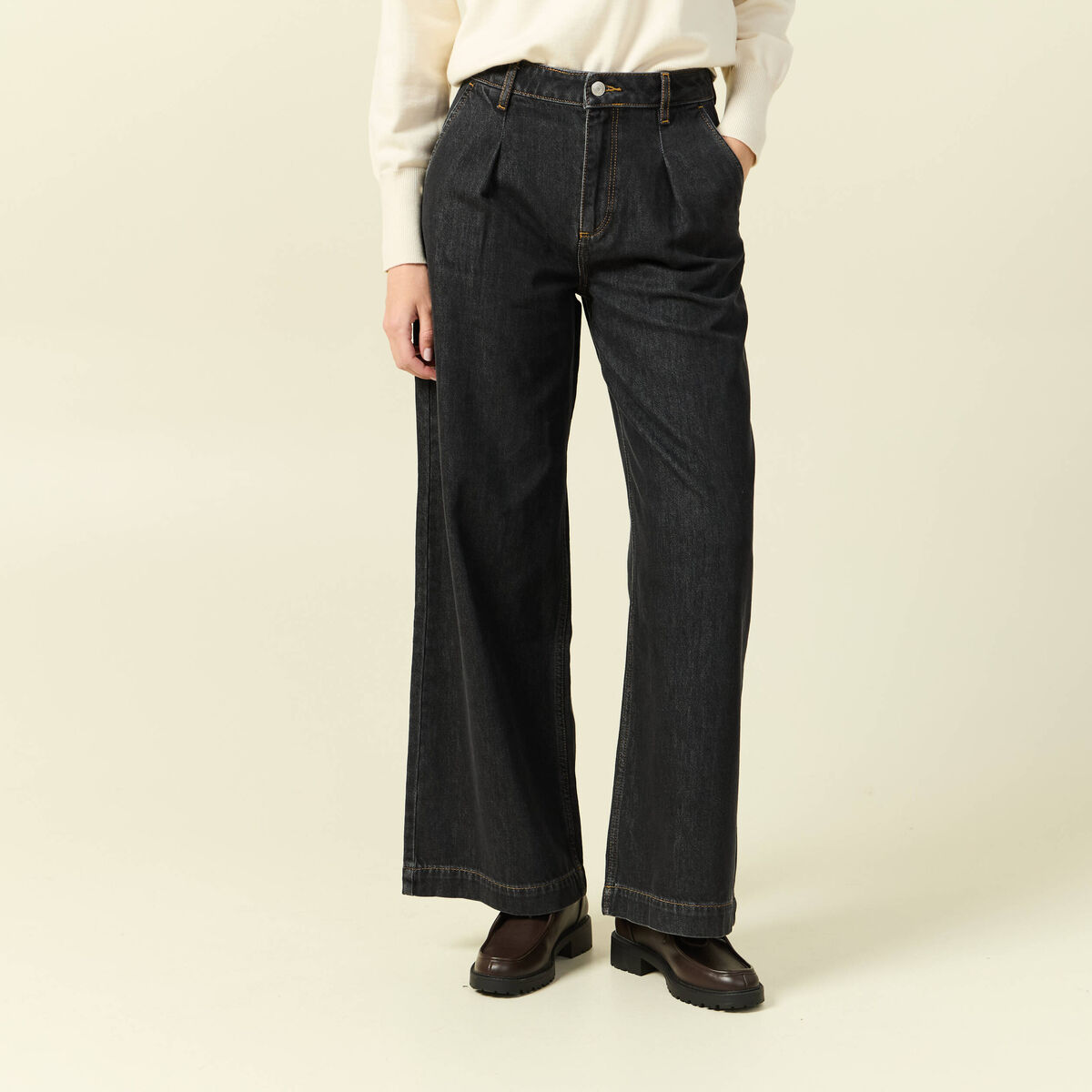 Jeans large taille haute denim gris femme