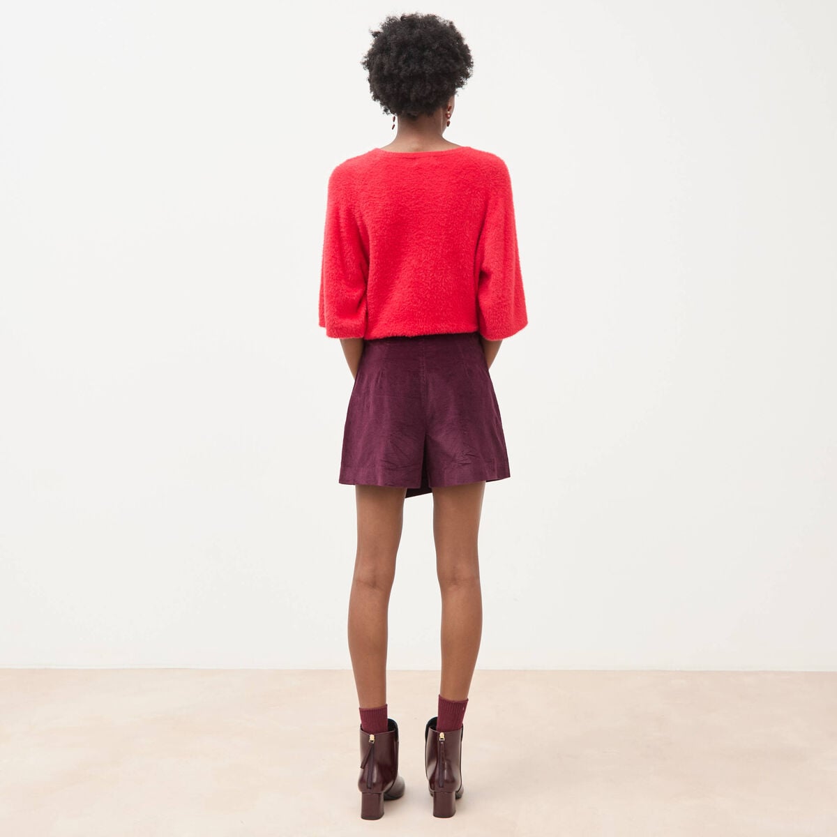 Jupe-short taille haute en velours prune femme