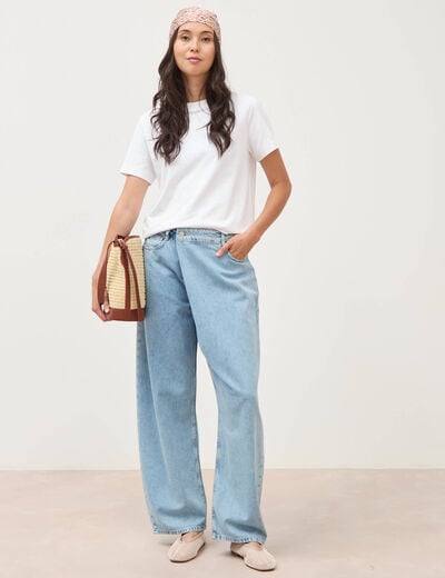 Jeans wide leg cropped taille bascul&eacute;e bleu ciel femme