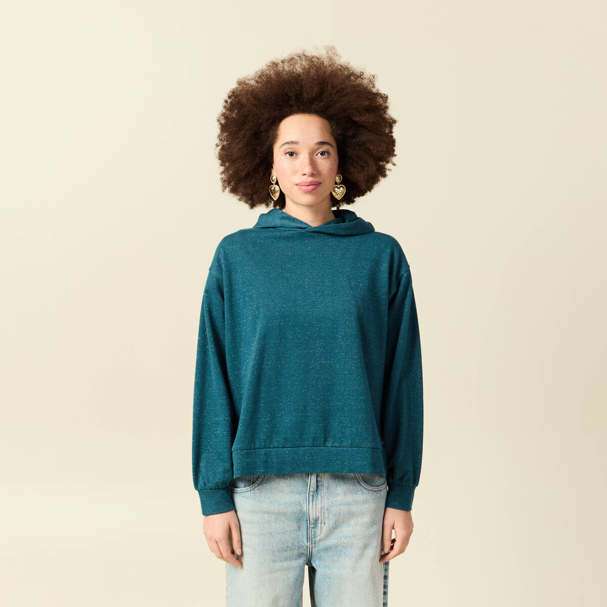 Sweat &agrave; capuche manches longues brillant bleu canard femme