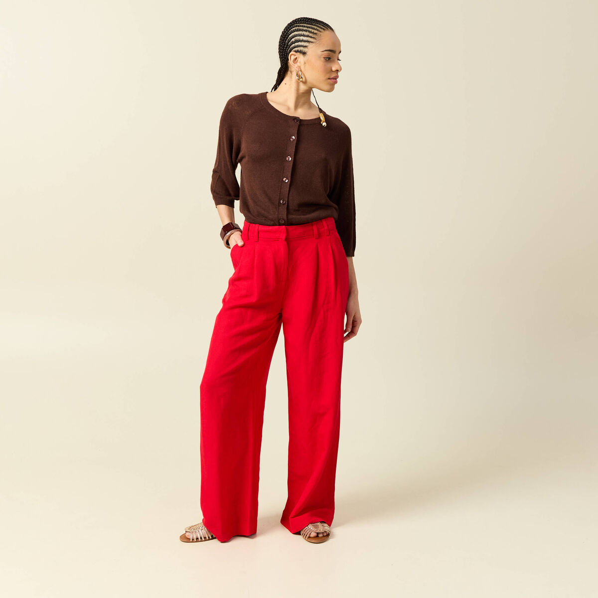 Pantalon large taille standard rouge femme