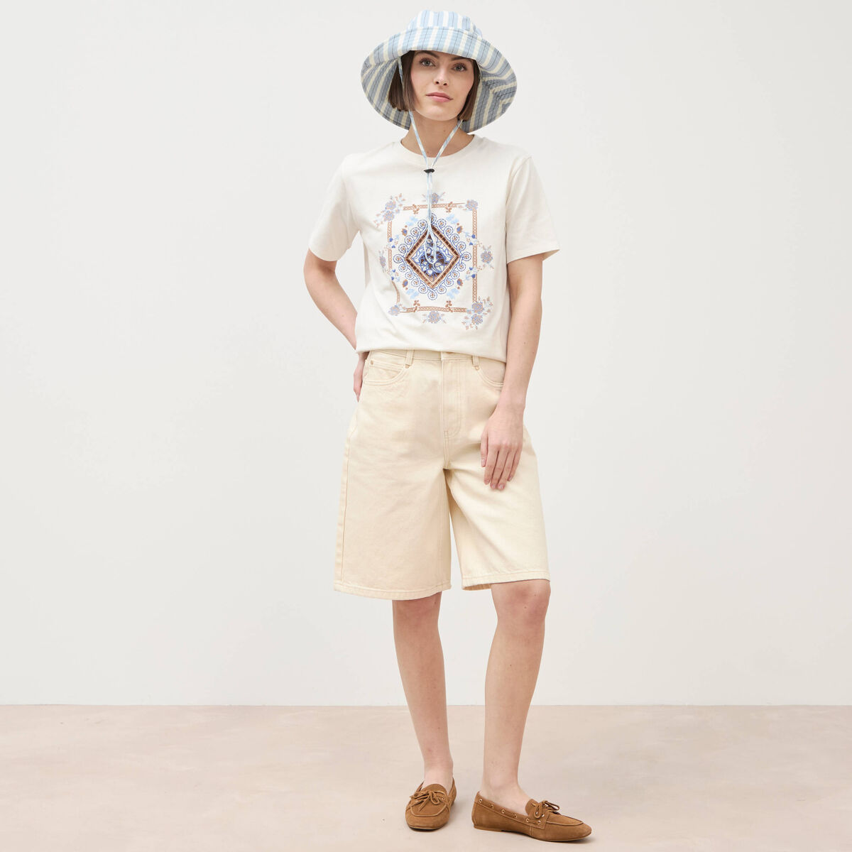 T-shirt en coton manches courtes ivoire femme