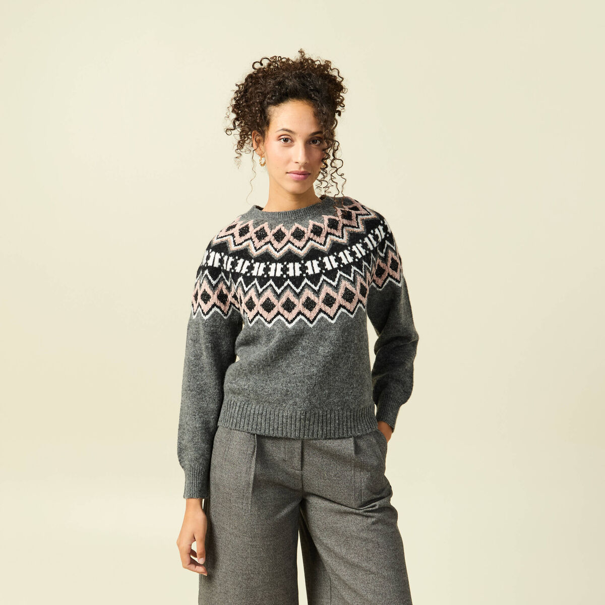 Pull col rond manches longues gris clair femme