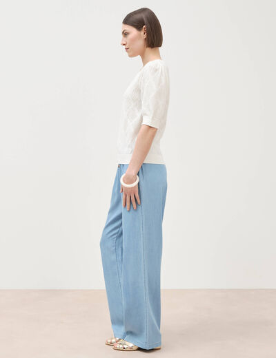 Pull ajour&eacute; droit court manches courtes ecru femme