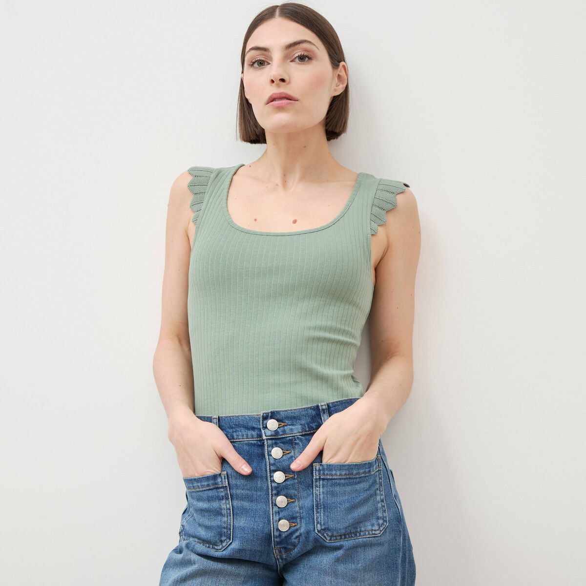 D&eacute;bardeur bretelles larges vert kaki femme